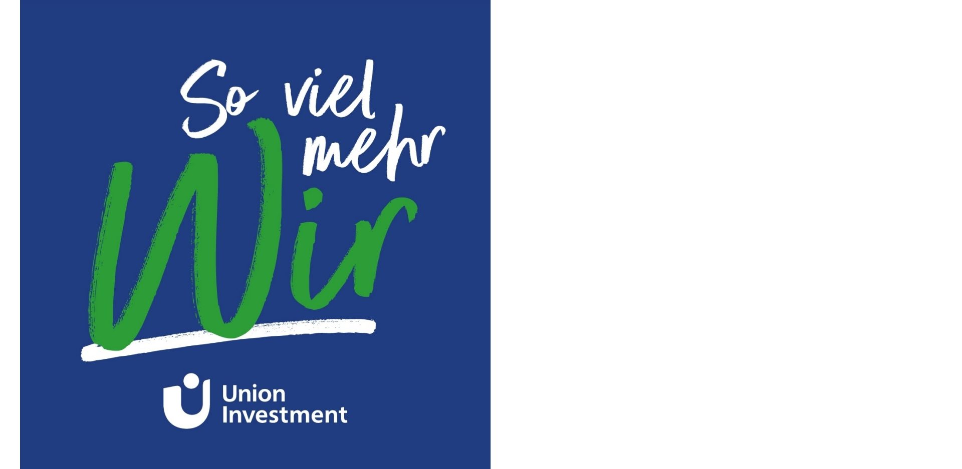 Das Bild stellt ein Werbeplakat der Finanzdienstleistungsorganisation Union Investment dar. Es zeigt den Slogan "So viel mehr Wir", mit dem "Wir" hervorstechend in grün geschrieben ist, während der Rest des Textes in einem handschriftlichen Stil gestaltet ist. Der Hintergrund ist blau, und das Logo von Union Investment ist unten links in weiß zu sehen. Der Slogan könnte beabsichtigen, die Gemeinschaft oder den Servicegedanken der Organisation zu betonen. Es handelt sich vermutlich um einen Teil einer künstlerischen Kampagne, die auf Teamgeist und Gemeinschaftswert abzielt.